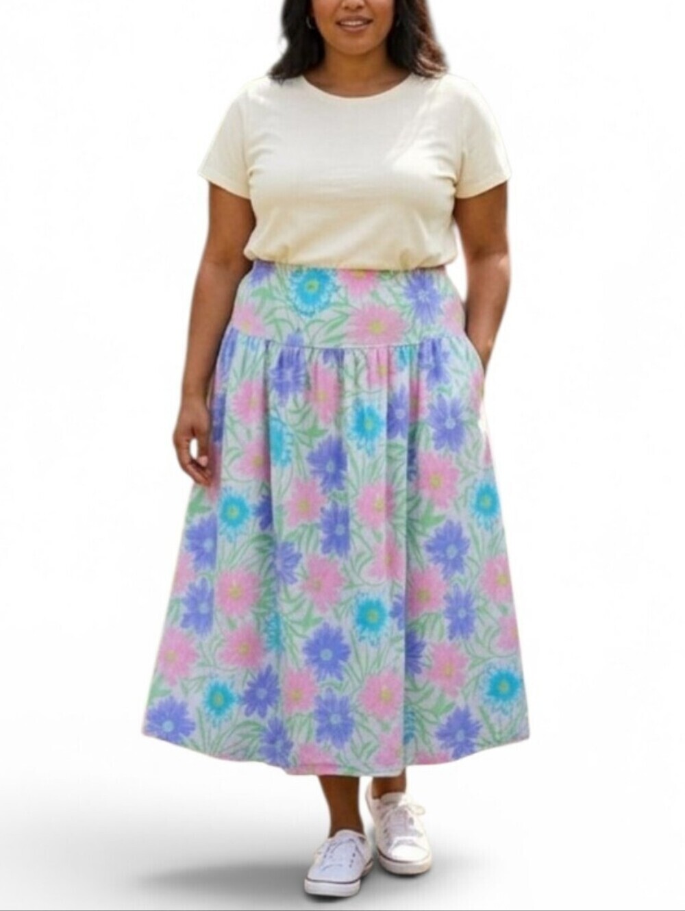 Vintage Aileen Too Floral Midi Skirt XL 20W Pastel Cottagecore Made in USA
